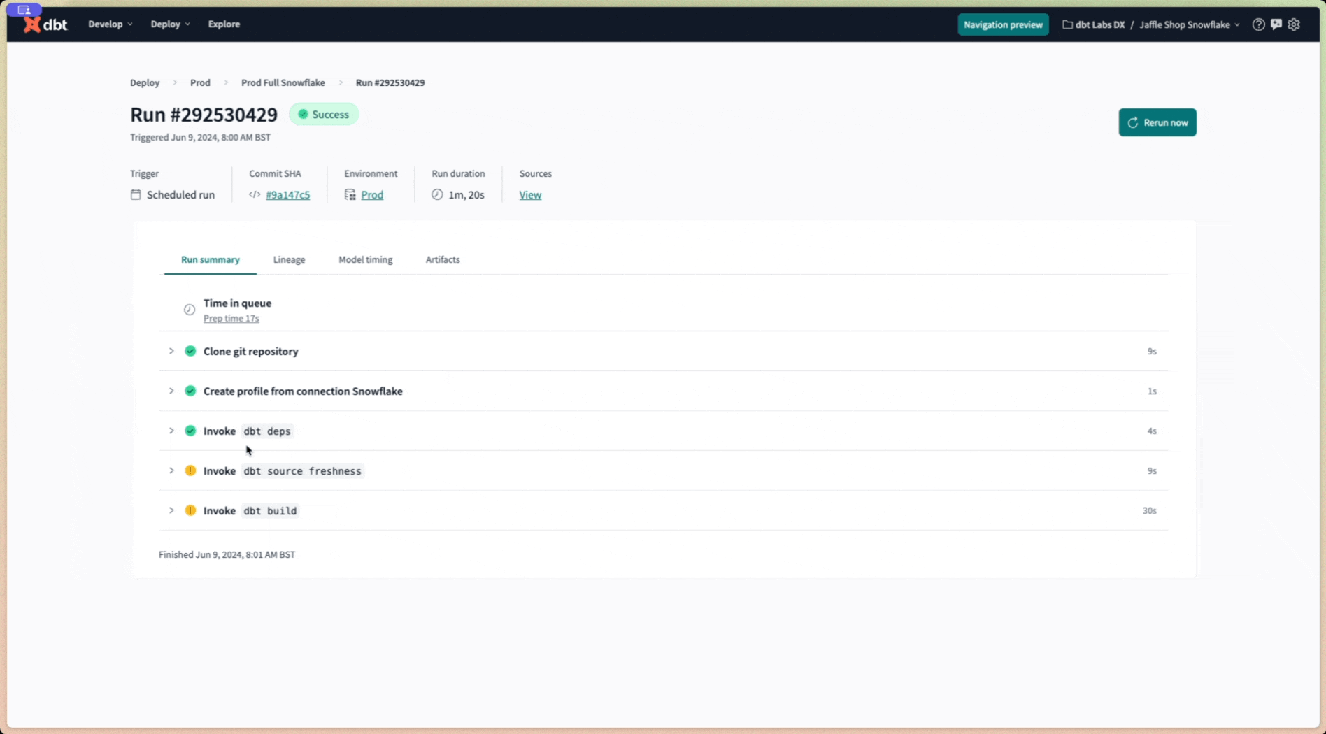 Access dbt Catalog from the lineage tab by double-clicking on the lineage node.
