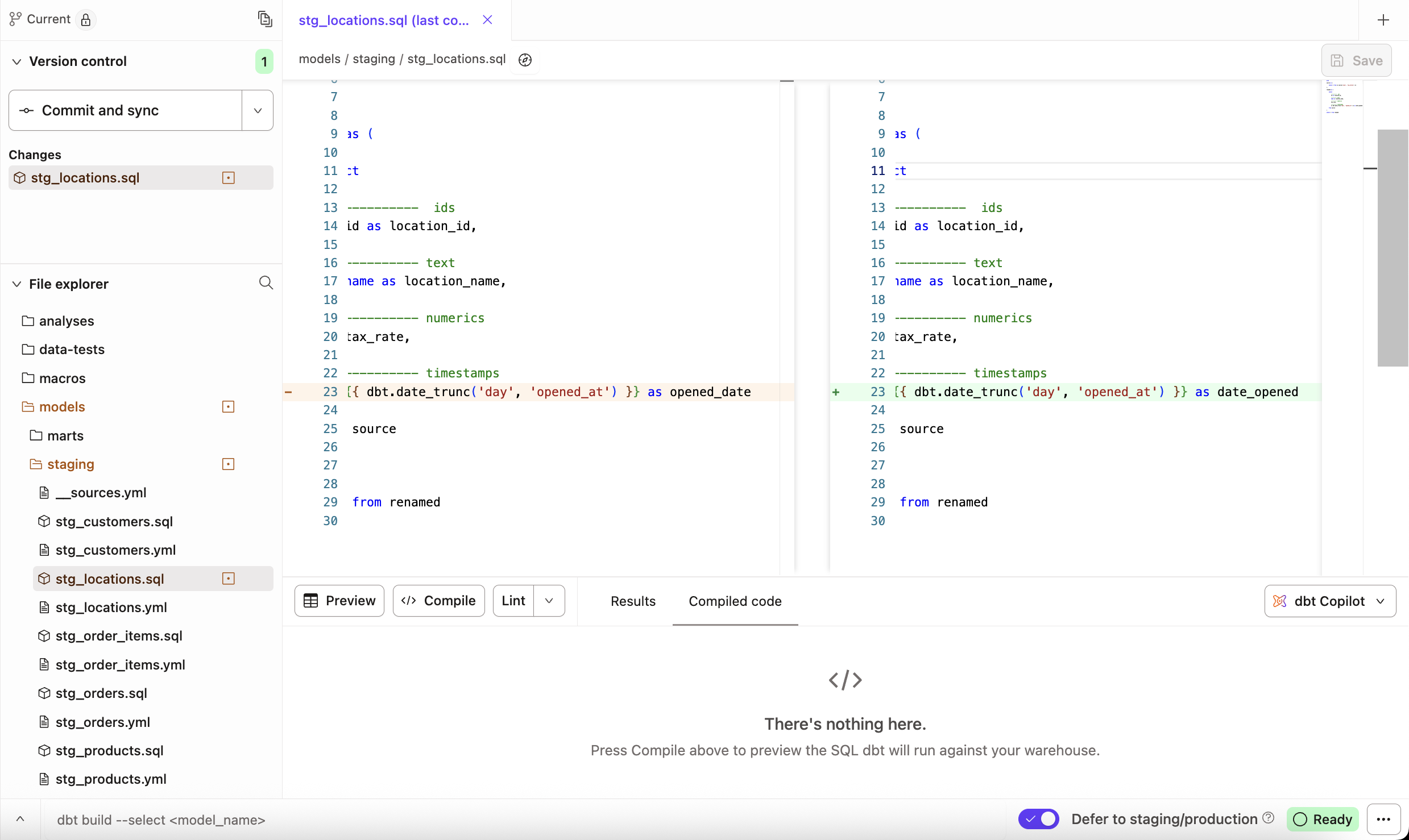 The Git Diff View displays the previous version on the left and the changes made on the right of the Editor