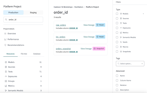 dbt Catalog's advanced search feature