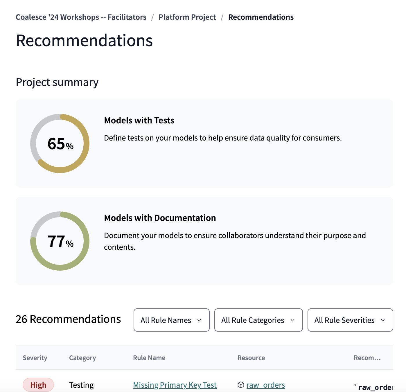 dbt Catalog's project recommendation tab